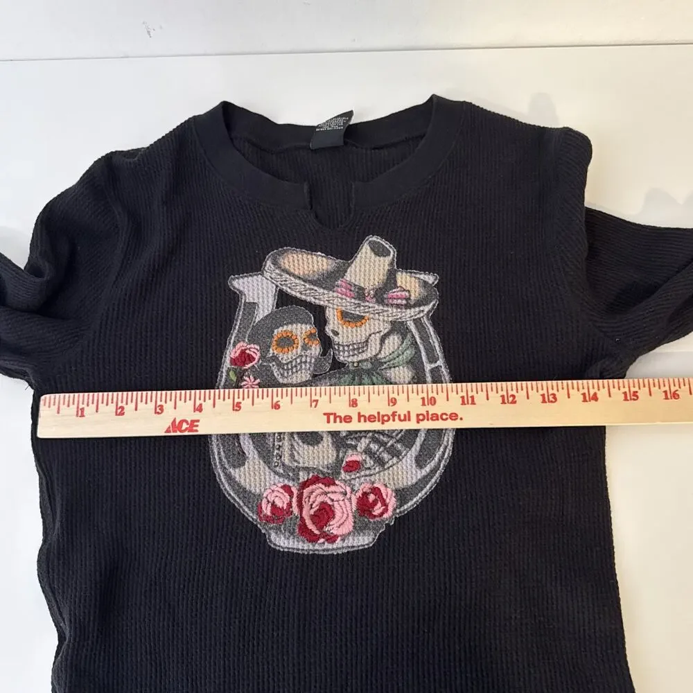 Lucky Brand Women’s M Black Skeleton Cowboy Waffle Knit Thermal Shirt